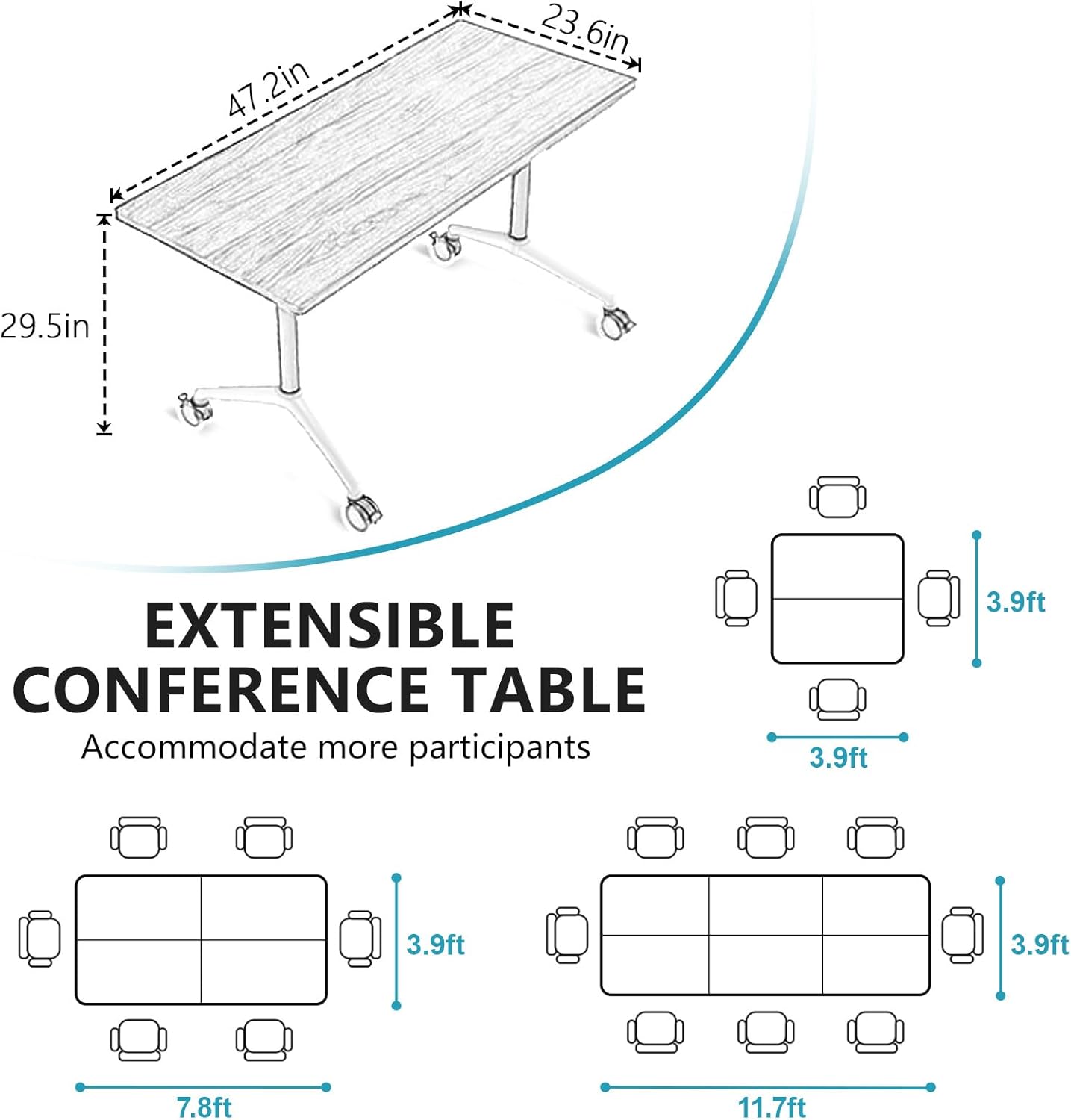 Conference Room Table, Folding Conference Tables,Thicken Grey Tabletop,Flip Top Wooden Seminar Meeting Room Table for Conference Room Offices (6, Black Drawer, 47.2“)
