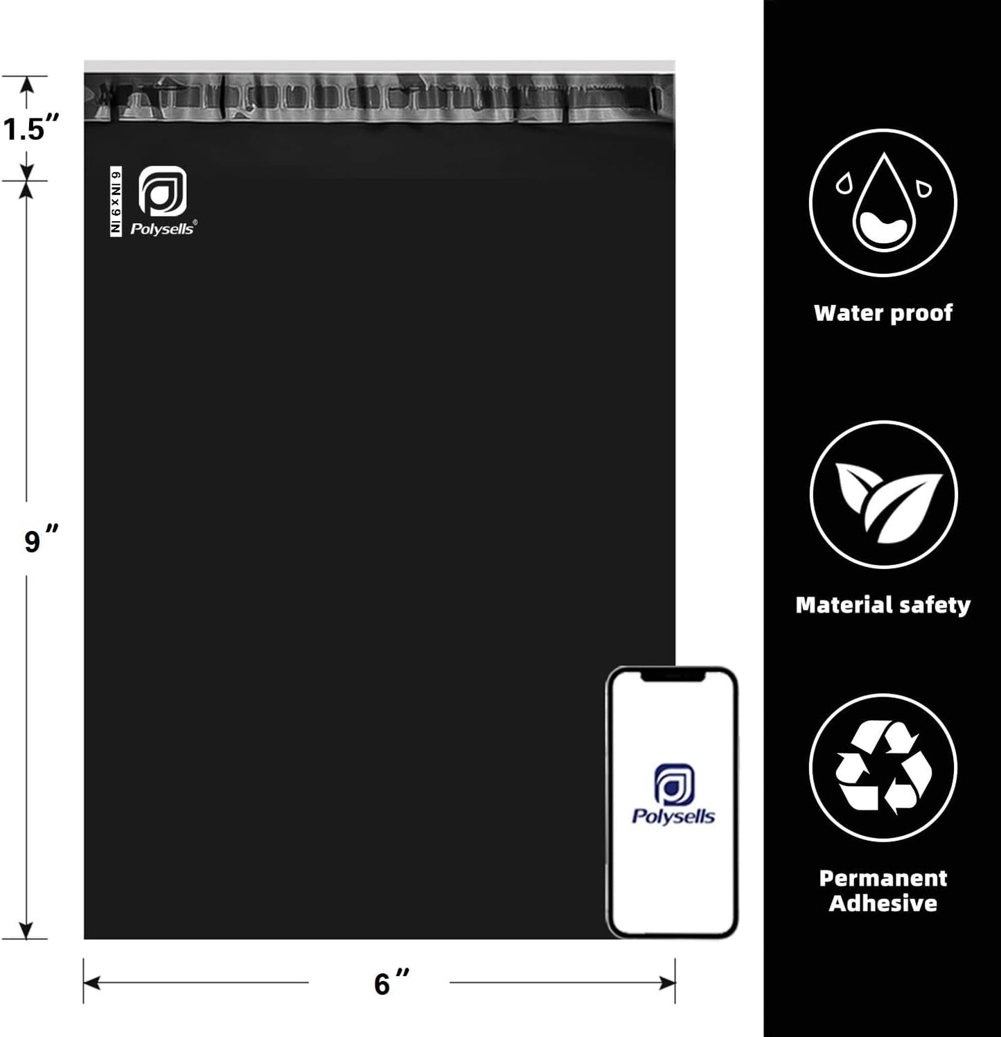 POLYSELLS 100 pcs 6x9 Inches Black Poly Mailers Shipping Envelopes, Strong Adhesive Sealing, Waterproof, and Tear-resistant Postal Mailing Bags for Clothing, Books, and Accessories