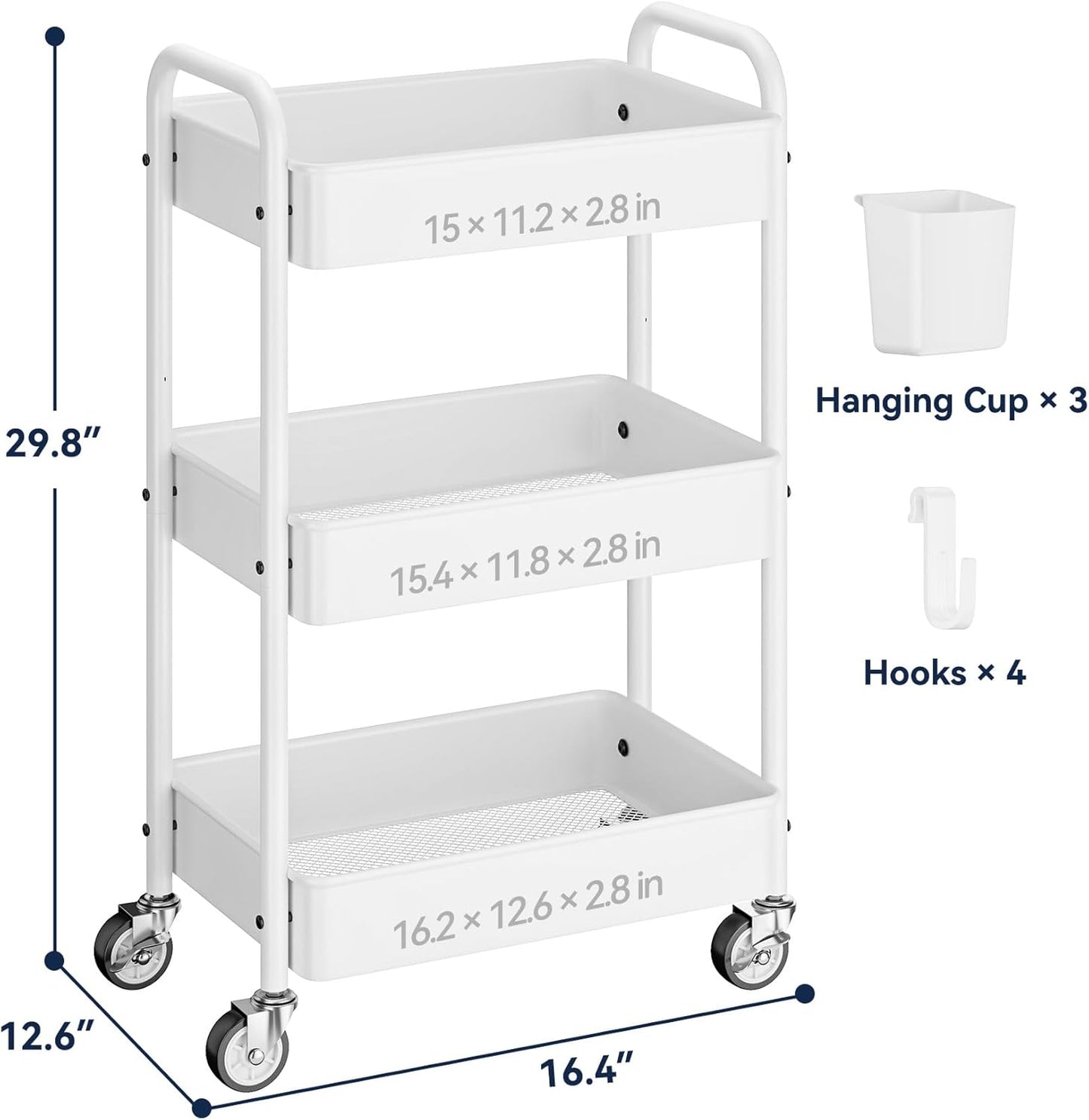 YASONIC Metal 3 Tier Rolling Cart - Heavy Duty Utility Cart with Lockable Wheels, Hanging Cups, Hooks, Mesh Rolling Storage Cart Craft Cart Organizer, Lightweight and Sturdy, White
