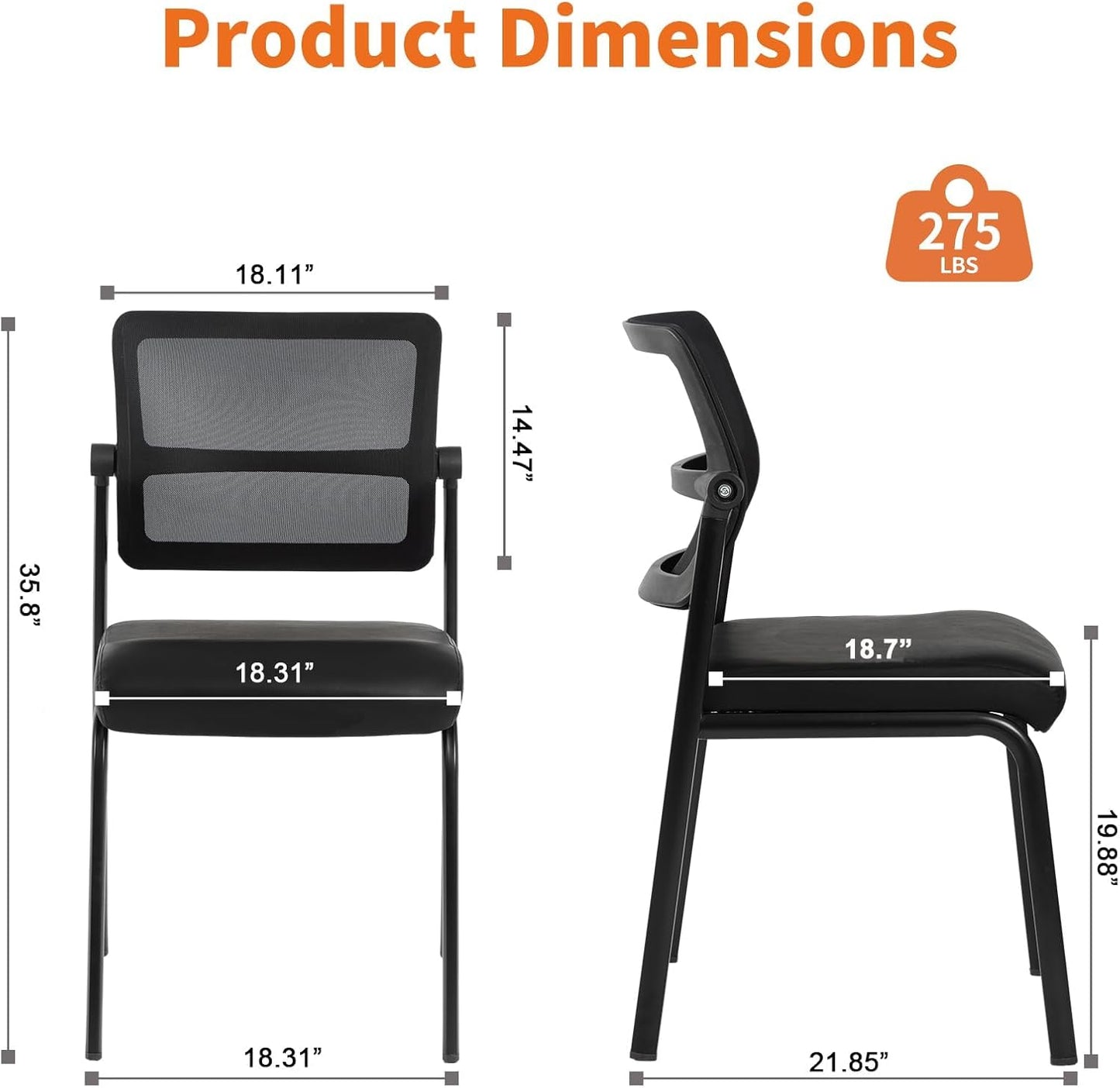 CLATINA Stackable Waiting Room Chair with Adjustable Mesh Backrest, Armless Office Guest Reception Chairs with Leather Cushion and Ergonomic Lumbar Support for Conference Lobby Side School, Black, 8PK