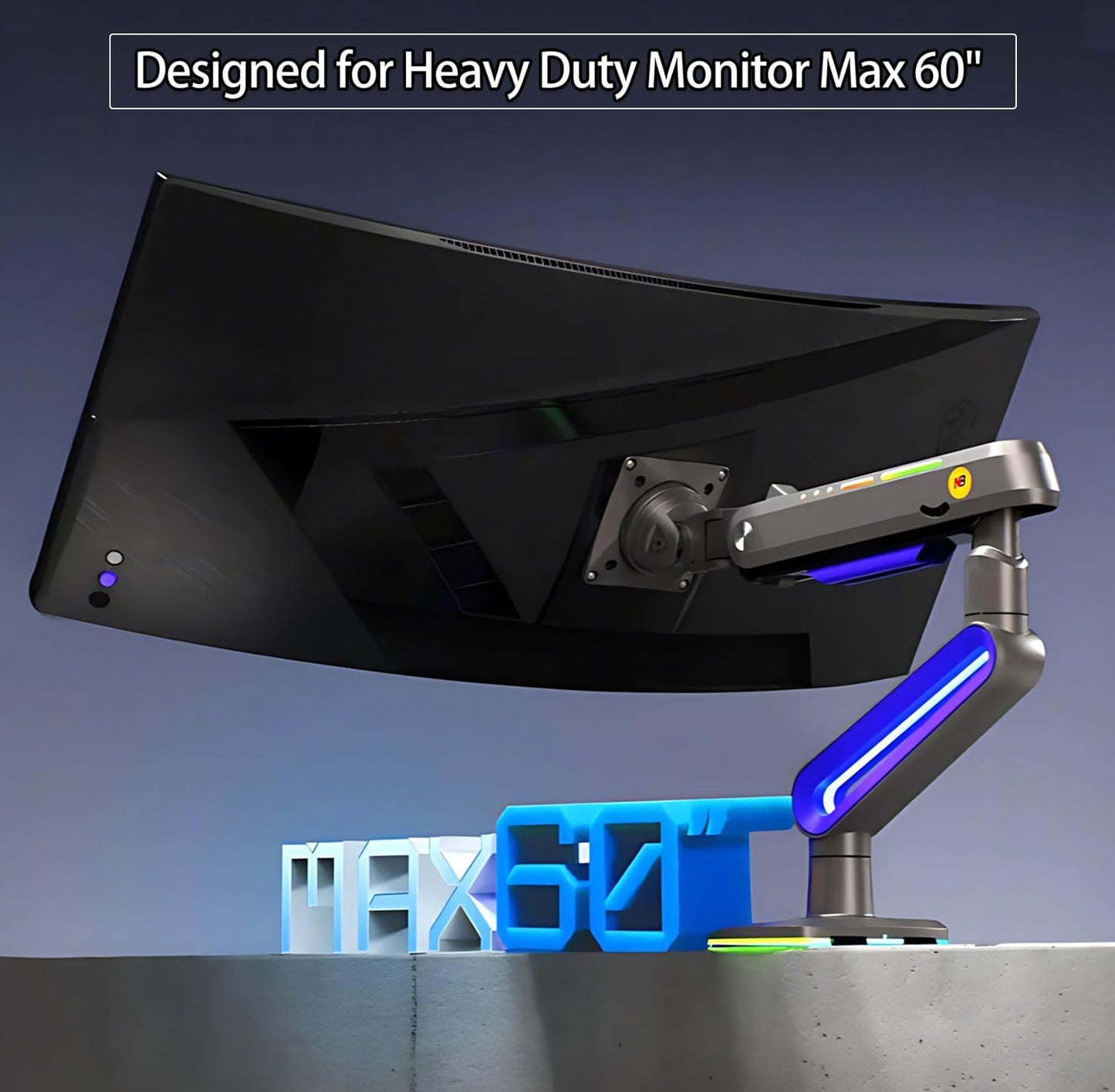 Designer Gaming Monitor Arm for 32 to 60 Inches Screen, Load up to 20 kg, VESA 75/100, RGB-Light, Heavy Duty, Multi Angle Adjustable, Premium Aluminum, Long Arm Extension Purple Blue