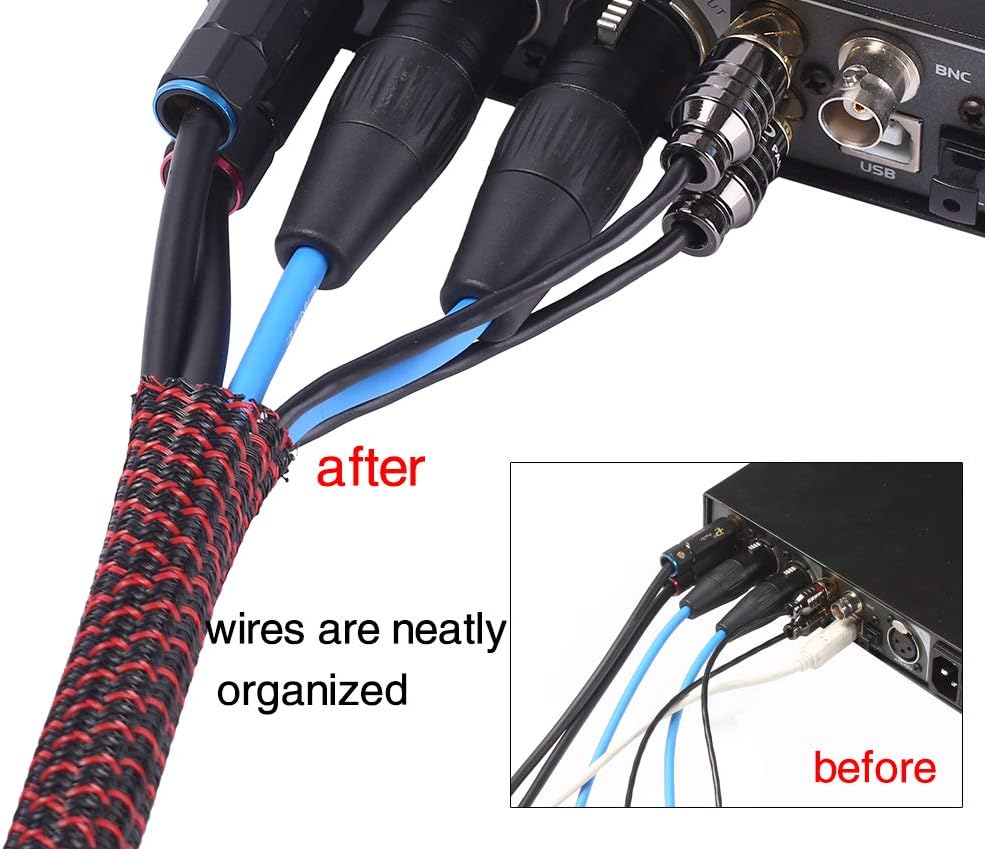 Alex Tech 10ft - 1 inch Cord Protector Wire Loom Tubing Cable Sleeve Split Sleeving For USB Cable Power Cord Audio Video Cable – Protect Cat From Chewing Cords - Blackred