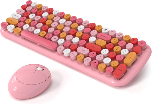 Wireless Keyboard and Mouse Combo, MOWUX - Modern Compact Layout, Colorful Compact Candy Mouse and Retro Round Keyboard Set with Cover, for PC/Laptop/Windows/Mac - Pink Colorful