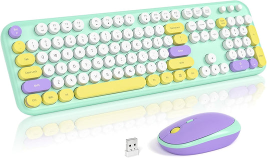 Wireless Keyboard and Mouse Combo, USB 2.4GHz Full Size Typewriter Keyboard with Number Pad and Colorful Mouse for Office PC Computer Desktop Laptop Windows 7 8 10 (Mint Green)