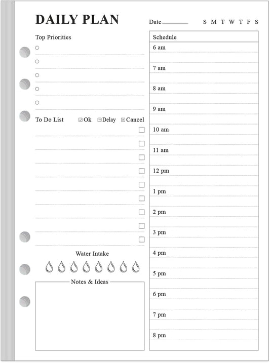 6-Hole Punched To Do List Insert - Undated Daily Planner Refill for A5 Binder,100 Sheets/200 Pages Planner and Lined Refill, 100 gsm White Paper, 5.8'' x 8.3''