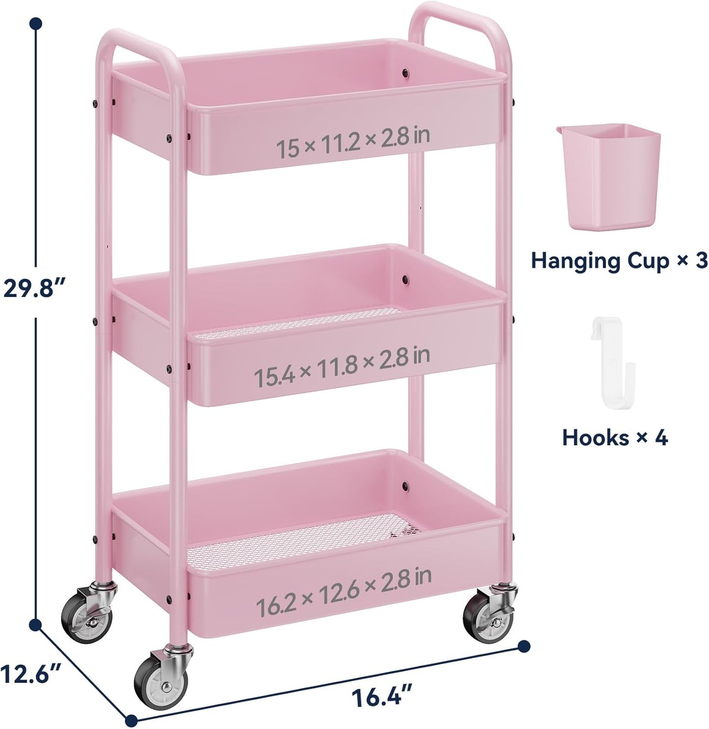 YASONIC 3-Tier Metal Rolling Cart, Heavy Duty Utility Cart with Lockable Wheels, Hanging Cups, Hooks, Mesh Rolling Storage Cart Craft Organizer, Lightweight and Sturdy, Pink