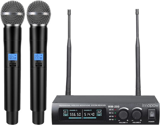 Wireless Microphone System, Dual UHF Metal Cordless Mic Set, Long Distance 150-200Ft,16 Hours Continuous, Fixed Frequency, Use for Karaoke Singing, Family Party,Church (CH.01&02)