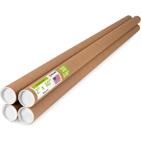 2" x 60" Reinforced Kraft Paper Mailing Tube, Pack of 4 Tubes with 8 Caps – Secure USPS Approved Poster Tube – Cardboard Tube for Shipping and Storing Posters, Prints, Artwork, or Documents