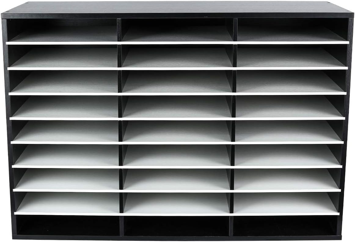 EasyPAG Mail Organizer Countertop, Wood Literature Organizer with Adjustable Shelves, Student Classroom Mailbox for School, Desktop Paper Sorter for Office Home, 27 Compartments, Black/White
