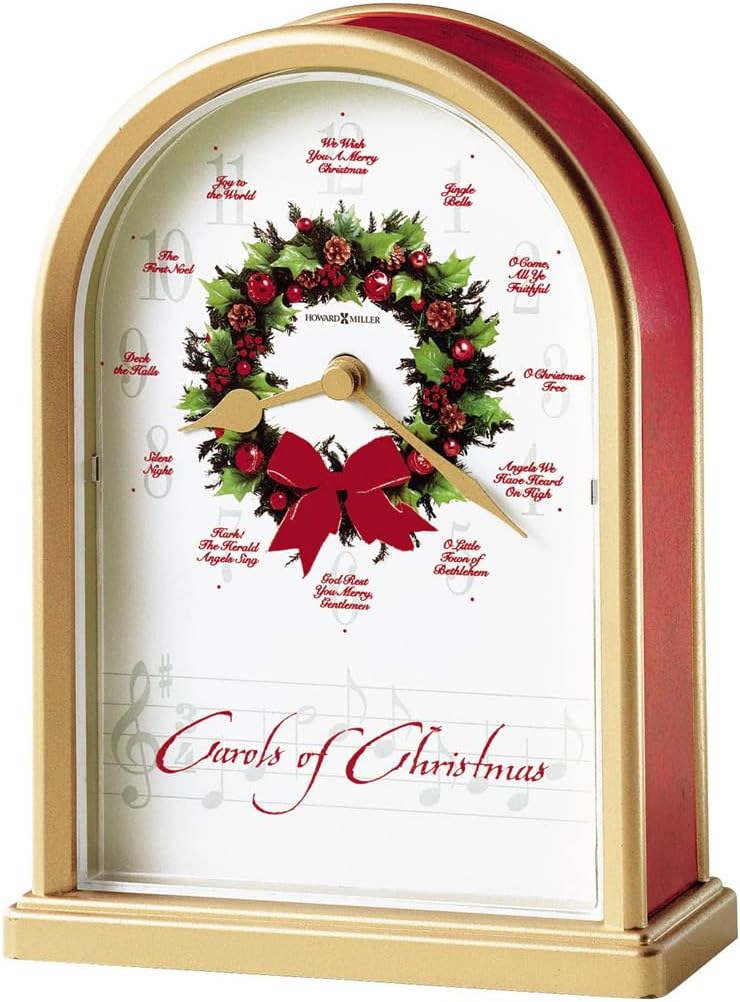 Howard Miller Carols of Christmas II Tabletop Clock – Exclusive Satin Brass Holiday Decor & Chiming Christmas Music Clock with 12 Classic Carols Festive Wreath Design Battery Operated Home Decor