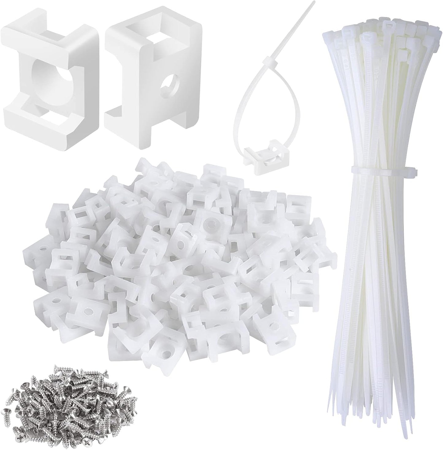 100 Pcs Cable Zip Tie Saddle Type Mounts Base with 100 Pcs 8" Cable Ties and 100 Pcs Tapping Screw, Wire Cable Clips Organizer Holders Clamps White