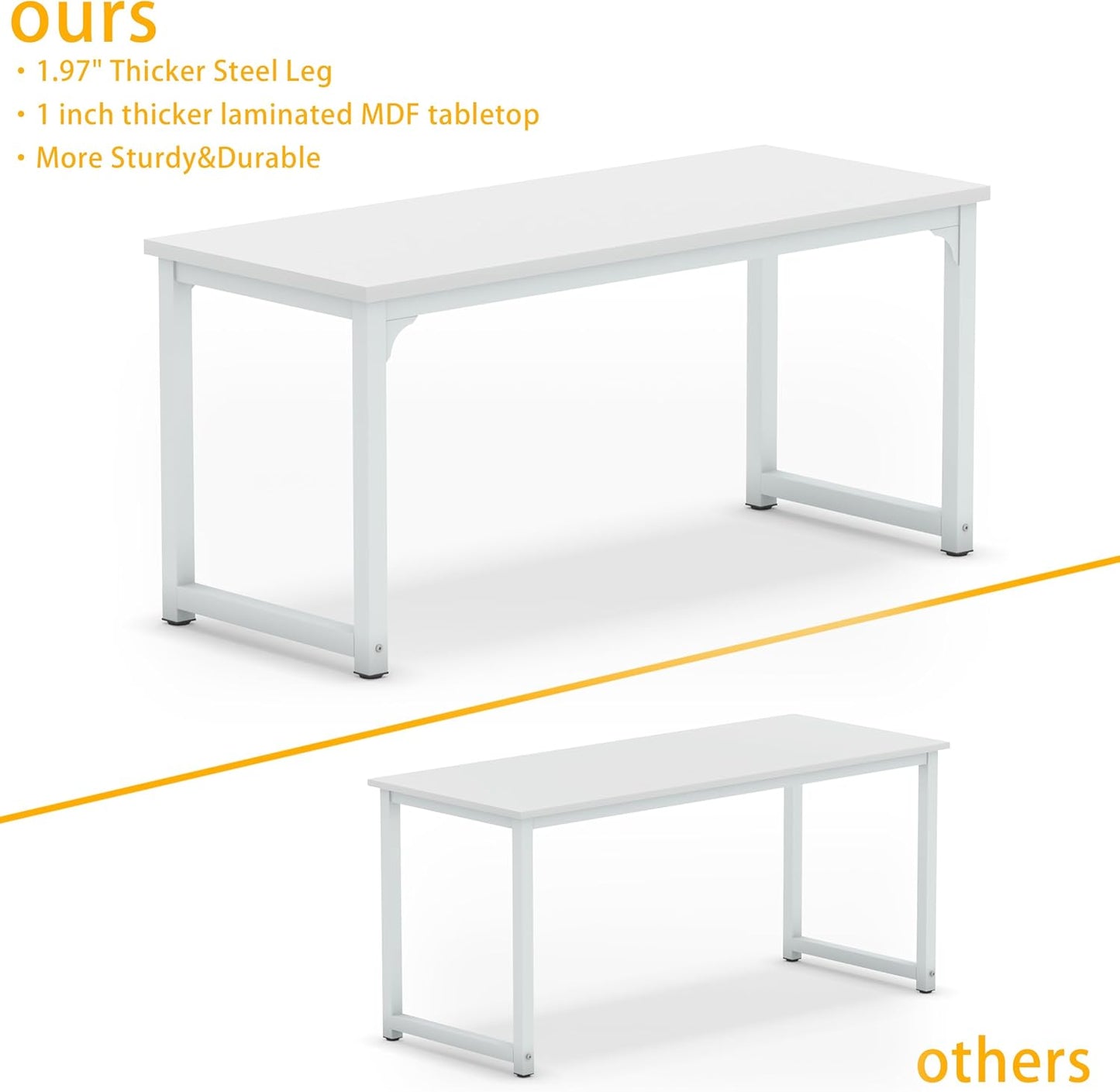 NSdirect Large Office Desk for Home Office, Large 63” Computer Desk Table, Wide Writing Study Desk for 2 Person, Metal Sturdy Frame Thicker Steel Legs,Warm White