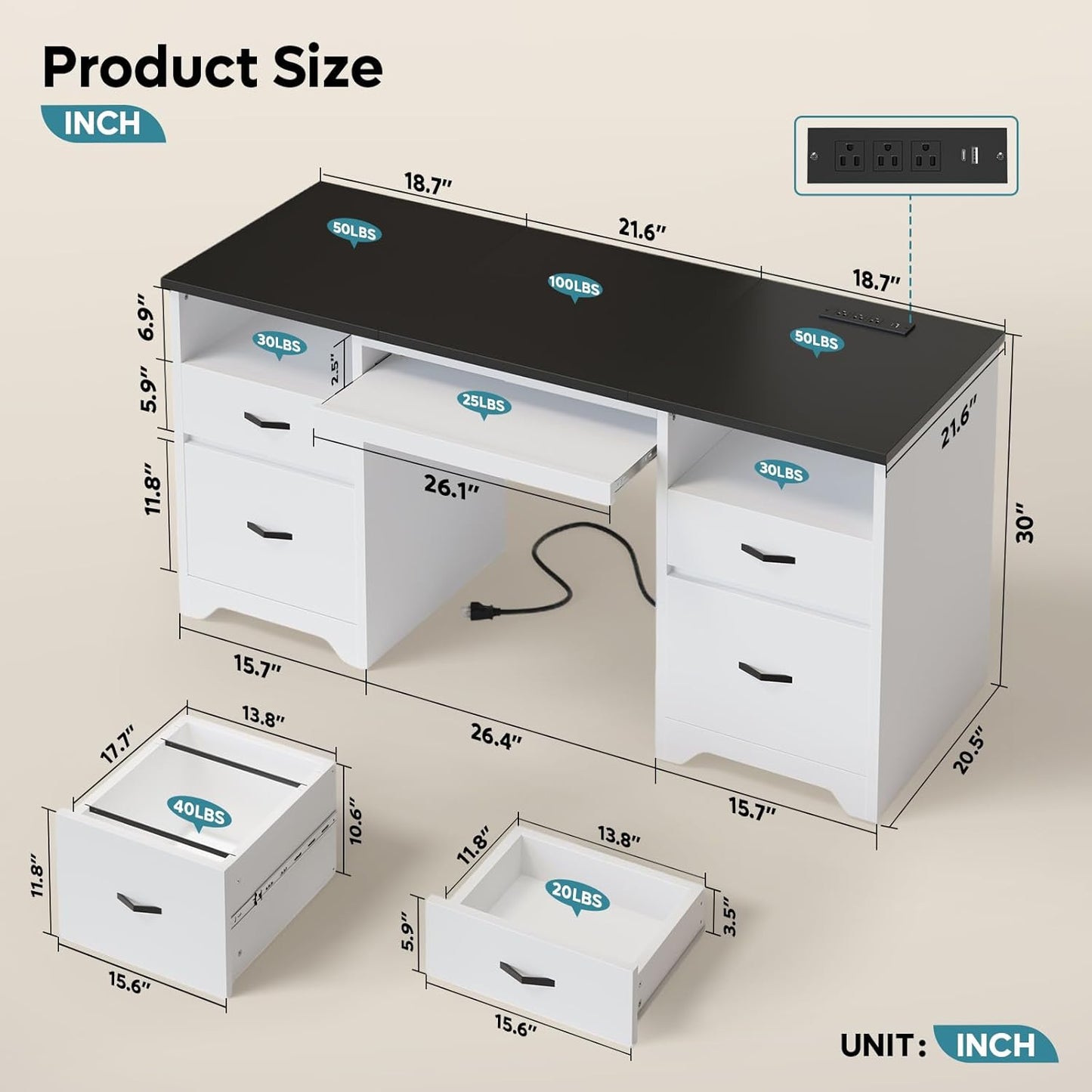 Bestier 59” Computer Desk with 4 Drawers, Office Desk with Storage, Modern Executive Desk with Charging Station, Keyboard Tray & Wooden Pedestals on Both Sides for Home Office & Studio, White