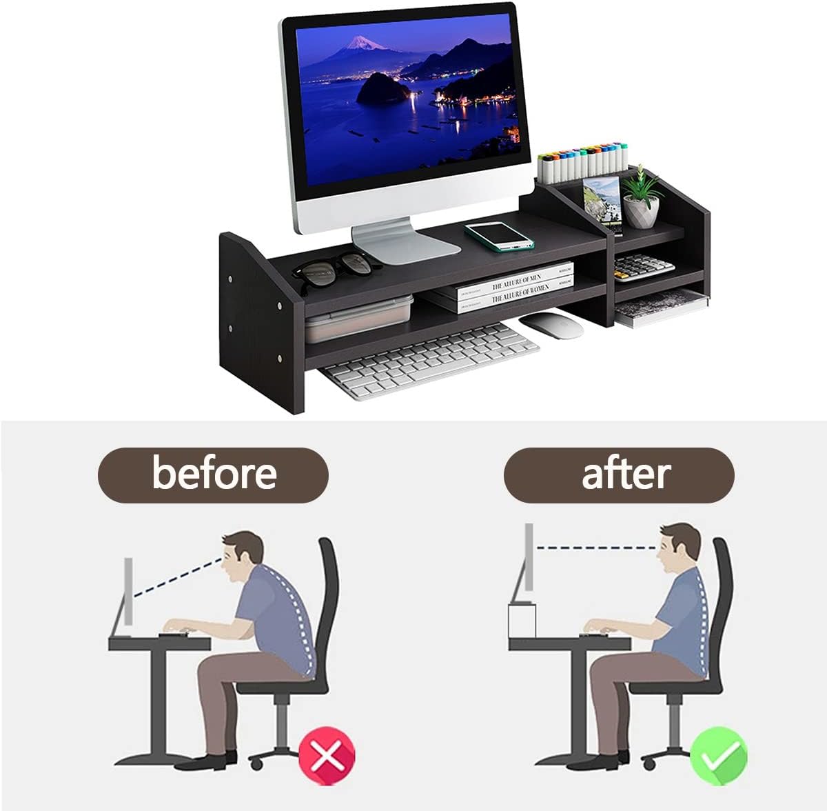 Computer Monitor Riser, 2 Tier Wooden Stand With Two Layer Storage Rack, Black Desktop Organizer for PC/Laptop, Home & Office