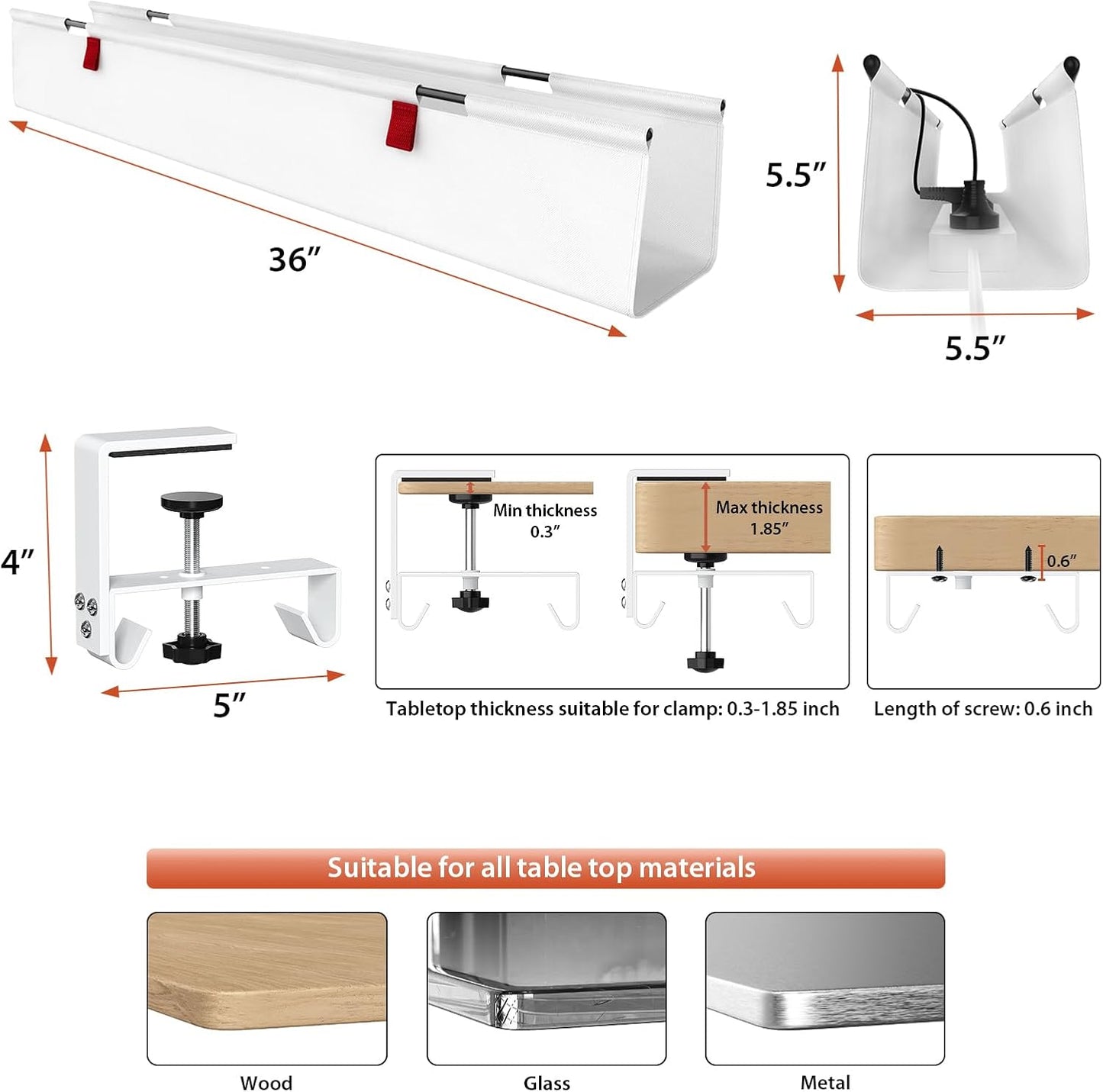 Univivi No Drill Under Desk Cable Management Tray, 36" Cord Organizer for Table, Clamp/Screw Mount Desk Cable Management, Premium Fabric Cable Management Tray for Office, Home