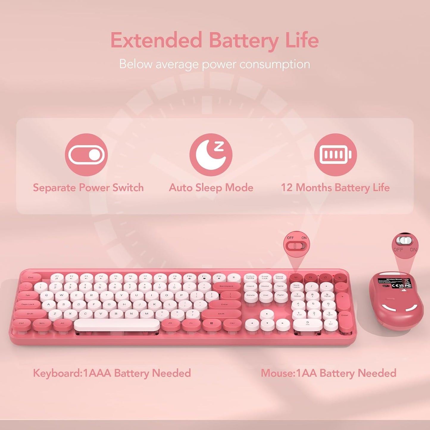 Wireless Keyboard and Mouse Combo, Retro Round Keycap Typewriter Keyboard with Phone/Tablet Holder, Cute Colorful Keyboard for Computer/Laptop/Windows by SABLUTE (Pink)