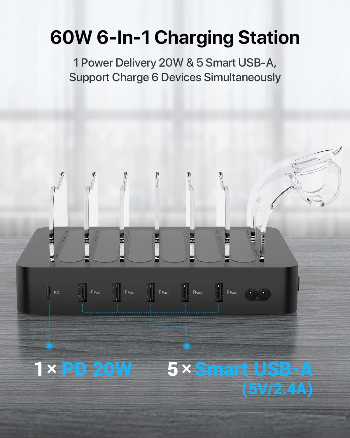 SooPii 6-Port PD Charging Station for Multiple Devices, 20W PD USB C Fast Charging for lPhone 14/13/12,6 Short Cables Included, 2 in 1 Holder,for Phones,Tablets and Others,Black