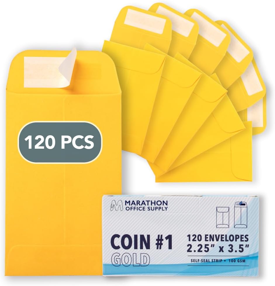 MOS #1 Gold Coin Envelopes 2.25 x 3.5 Inch 120 Pack — Self-Seal Yellow Small Envelopes for Coins, Seeds, Small Parts, Collectibles, Jewelry, Craft Storage