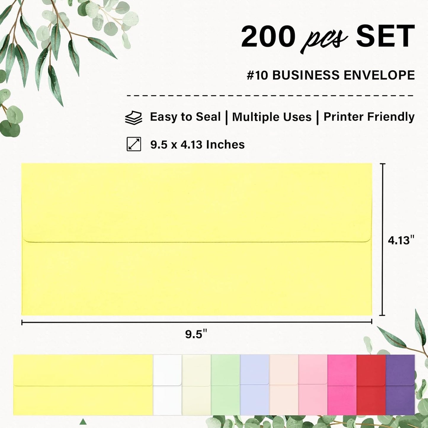 200 Pack #10 Colored Envelopes Letter Size, Colorful Business Envelopes Self Seal for Business, Invoices, Letter Mailing, Office Checks, 4 1/8 x 9 1/2 Inches