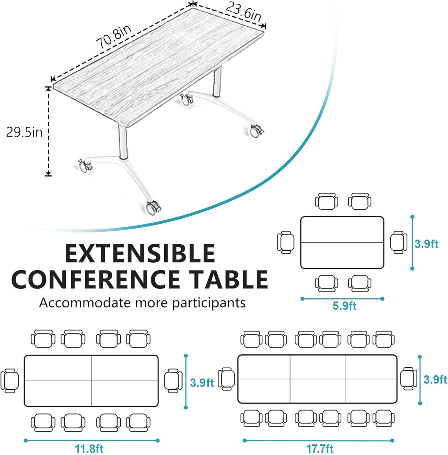 Conference Room Table, Folding Conference Tables,Thicken Grey Tabletop,Flip Top Wooden Seminar Meeting Room Table for Conference Room Offices (2, White, 70.8”)
