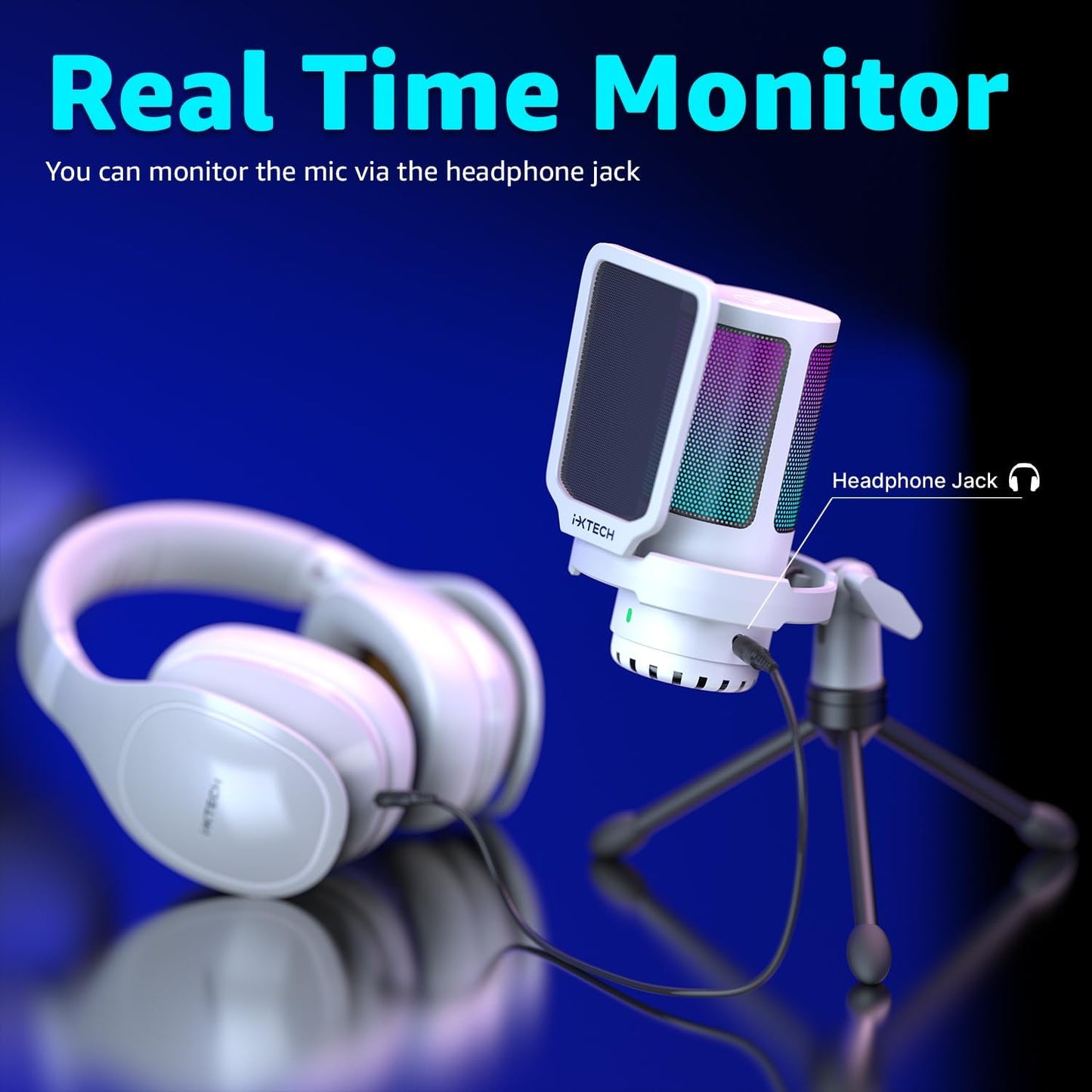 IXTECH USB Gaming Microphone for PC, RGB Condenser Microphone with Tripod Stand, Pop Filter, Rotate Gain Button, and Quick Mute, Noise Cancellation Computer Mic for Streaming, Gaming, Podcasting