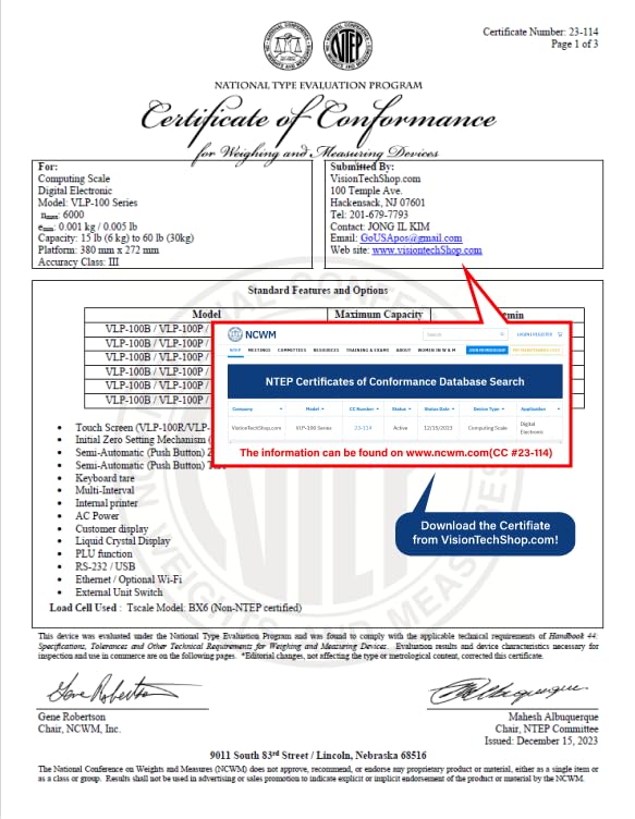 VisionTechShop VLP-100B Label Printing Scale, Capacity 30/60lb Readability 0.01/0.02lb, NTEP Legal for Trade