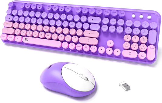 Wireless Keyboard and Mouse Combo, 2.4 GHz Wireless Full-Sized Typewriter Keyboard with Round Keycaps for Windows, Computer, Desktop, PC, Laptop (Purple)