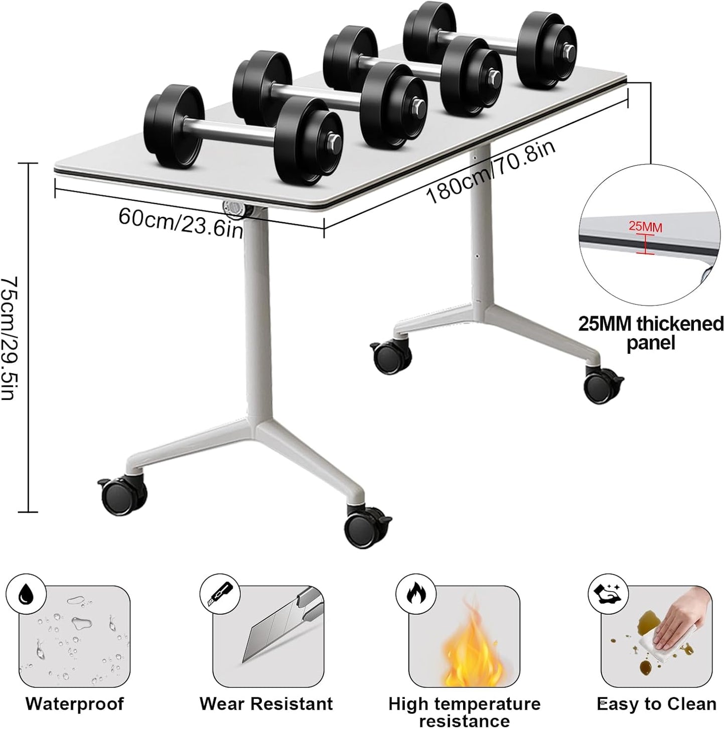 Conference Table,Folding Conference Room Tables Portable Rolling Conference Training Table with Silent Wheels,Mobile Meetings Flip Top Tables for Offices Classrooms Meeting Room (4Pack 70.8in)