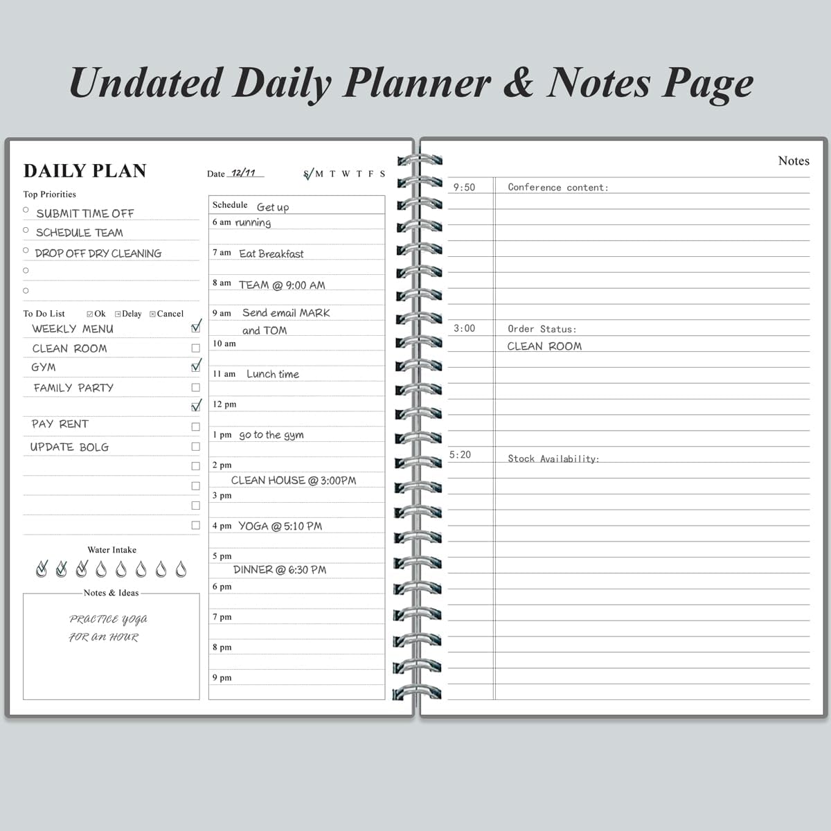 Daily Planner Undated - B5 To Do List Notebook Hourly Schedules, Spiral Appointment Planner for Women and Men, PVC Hardcover, Inner Pocket, Elastic Closure, 7" x 10", Grey