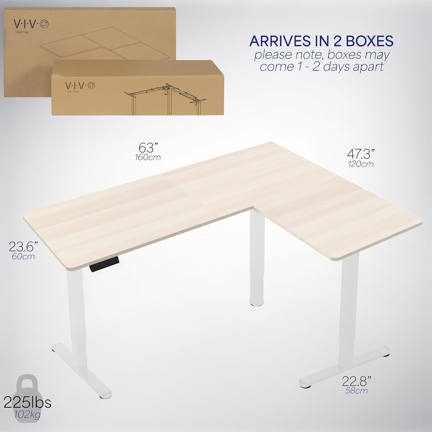 VIVO Electric Corner L-Shaped 63 x 47 in Standing Desk, Memory Height Adjustment, Light Wood Top White Frame, DESK-E3CTWC-47