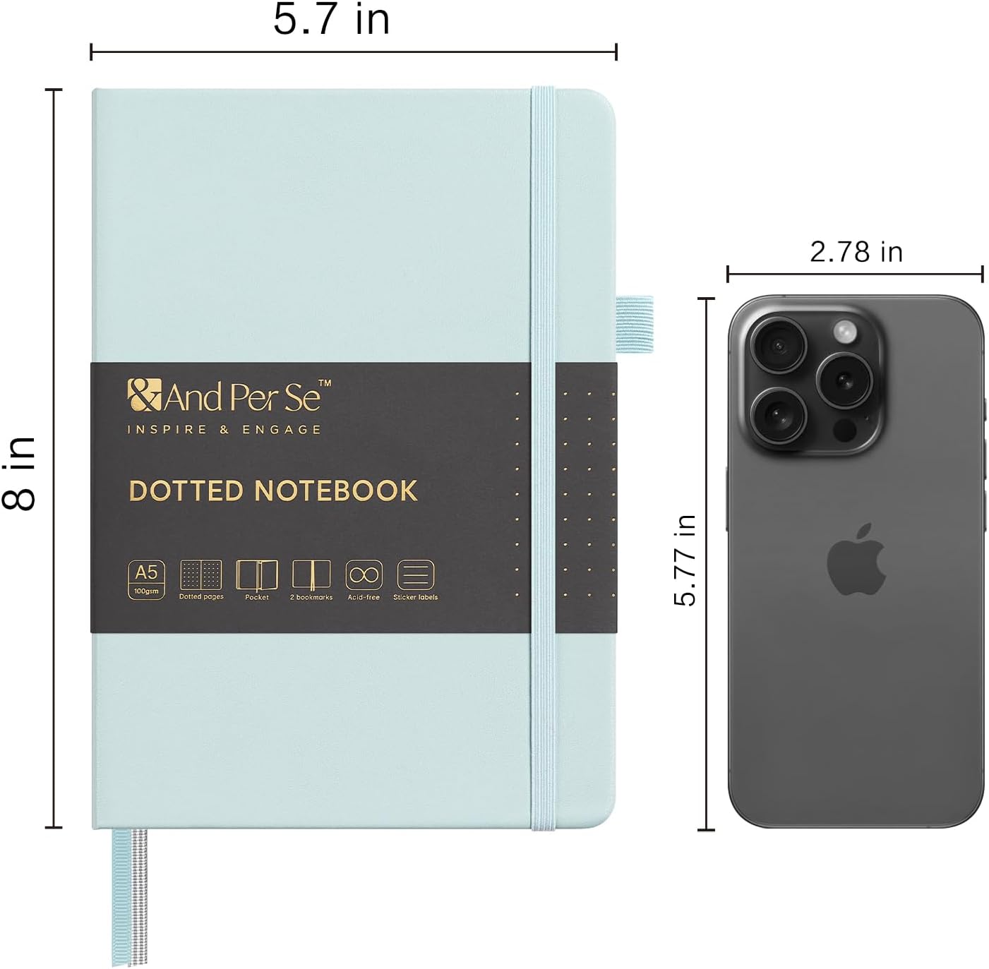 &And Per Se Dotted Journal Notebook (5 Packs), A5 Hardcover Leather Dotted Journal, 160 Pages 100 gsm Thick Paper, 3 Sheets of Stickers Included- 5.7'' x 8'' (Cyan