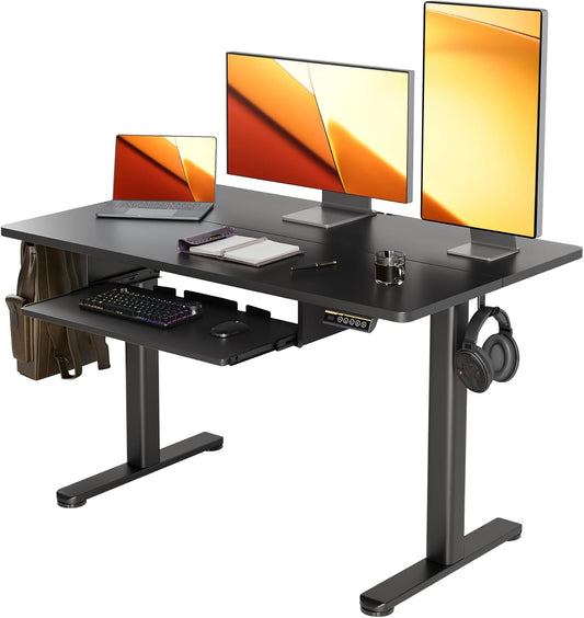 YDN Standing Desk, Height Adjustable Computer Desk with Keyboard Tray, 48 Inch Black Ergonomic Desk for Home Office and Gaming