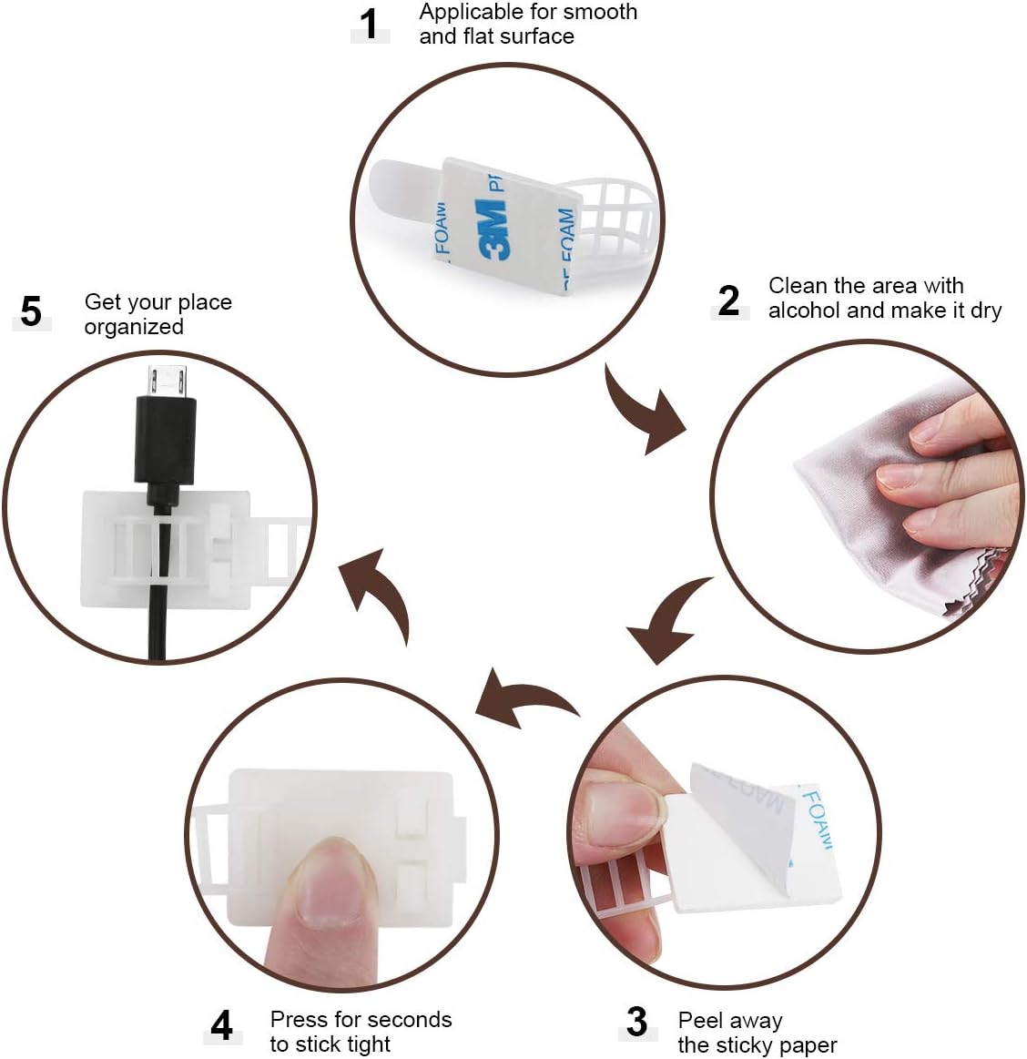 Adhesive Cable Management Clips, 50pcs Adjustable Nylon Cable Straps Wire Clips Clamps Organizer with Strong Adhesive Tape, Extra Screw & Hole for Strong Fixation Home Office - 3.55 Inch White