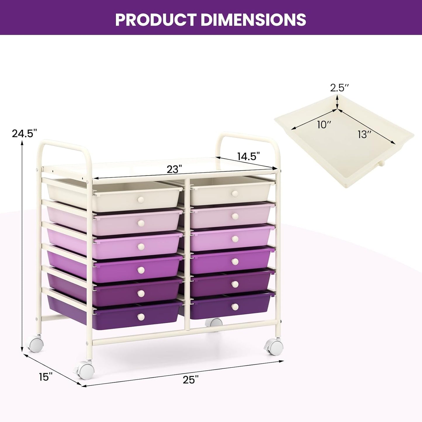 Giantex 12 Drawers Rolling Cart, Mobile Storage Drawer Cart, Classroom Organizer Cart for Office School Supplies Tools Scrapbook Paper Craft Small Printer, Utility Cart on Wheels, Purple Gradient