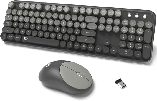 Wireless Keyboard and Mouse Combo, 104 Round Keys Cute Colorful Cordless Keyboard and Mouse with Retro Typewriter Black