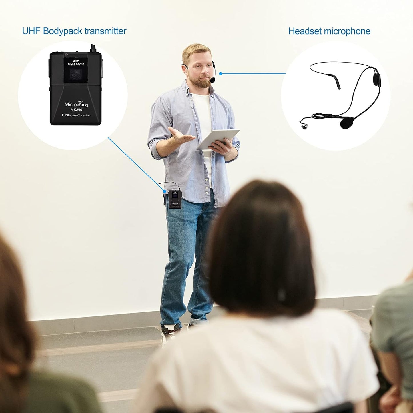 MicrocKing Wireless Microphone System, UHF Cordless Mic Set with 2 Handheld Mics/2 Lavalier Bodypacks, Metal Build, Fixed Frequency, Long Range, Ideal for Karaoke/Party/Wedding/Concert