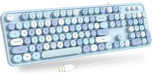 USB Wired Computer Keyboard - Retro Typewriter Keyboard - Full Size Office Keyboard with Number Pad, Caps Indicators, Foldable Stands, for PC Laptop Desktop Windows (Blue Colorful)