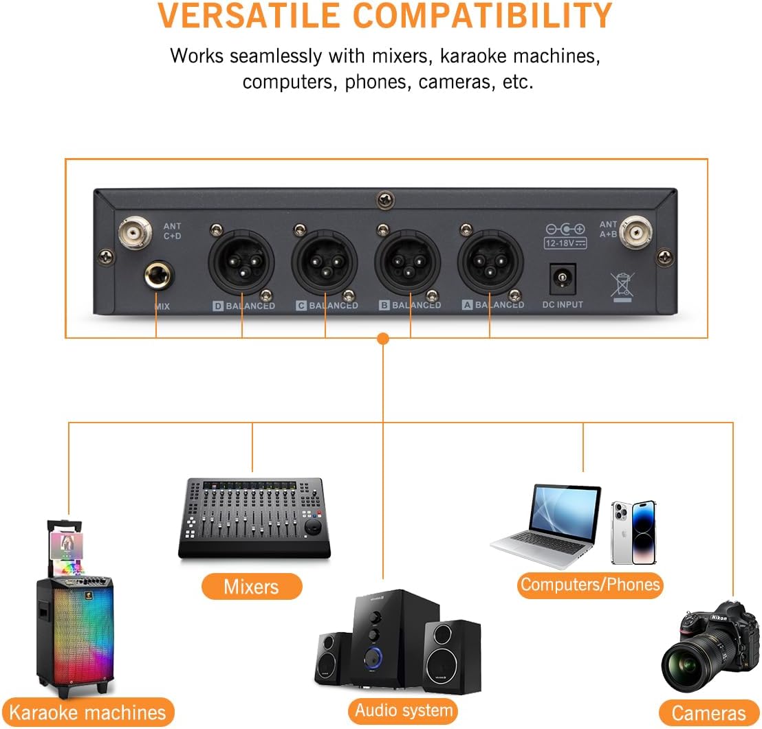 Wireless Microphone System, 4 Channels Adjustable UHF Wireless Microphone Headset Metal Shell Vocal Wireless Mic Lapel for Church, Party, Singing, SpeechYU-E40B Cordless Microphone