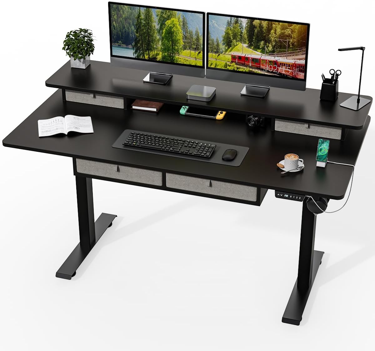 Standing Desk with Fast Charging USB Ports, 63" x 30" Height Adjustable Home Office & Gaming Desk, Sit Stand Desk with Built-in Storage Shelf, Hook & Ergonomic Design(Classic Black)