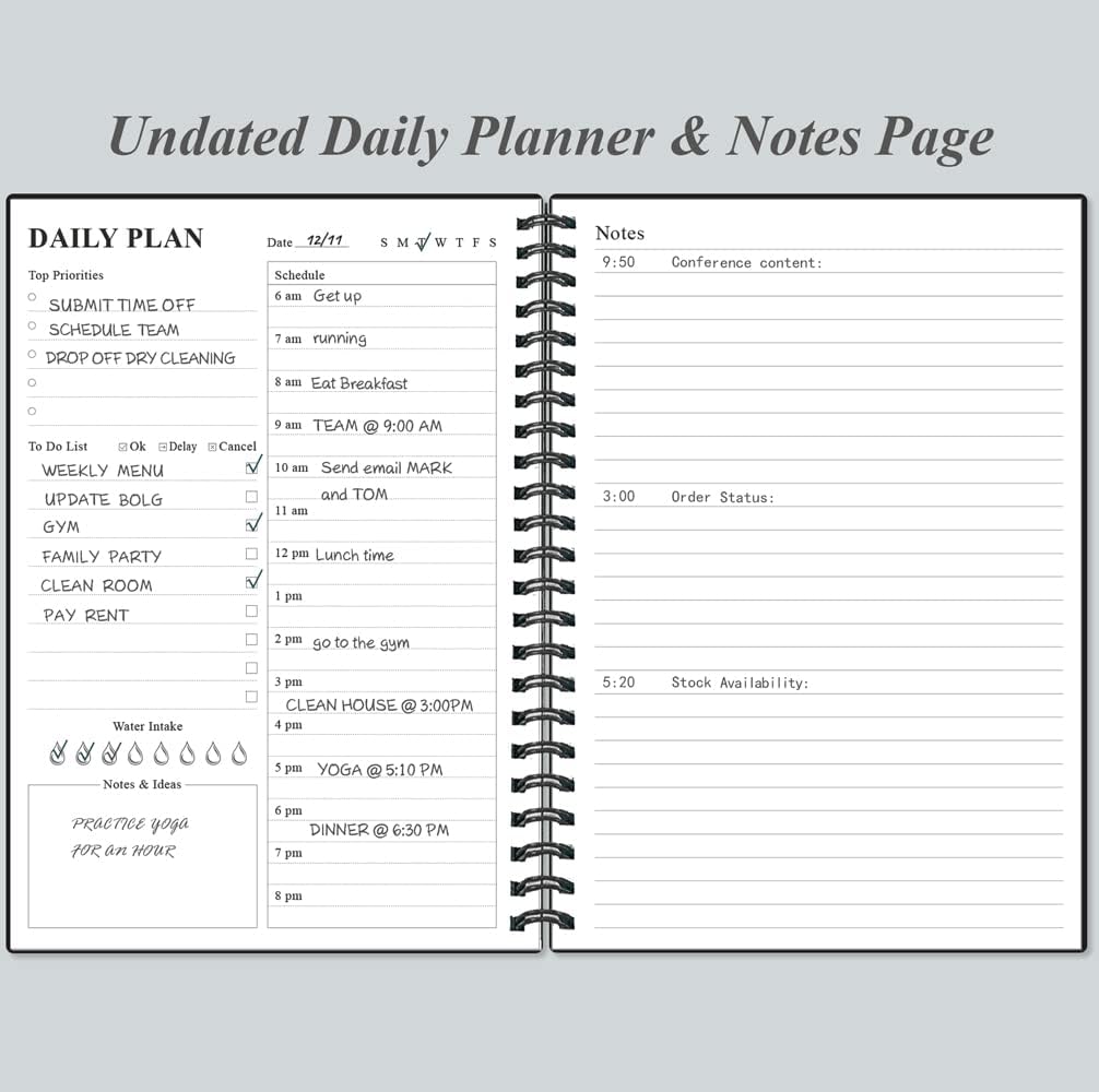 Daily Planner Undated - A5 To Do List Notebook Hourly Schedules, Spiral Appointment Planner for Women and Men, PVC Hardcover, Inner Pocket, Elastic Closure, 5.8" x 8.3", Black