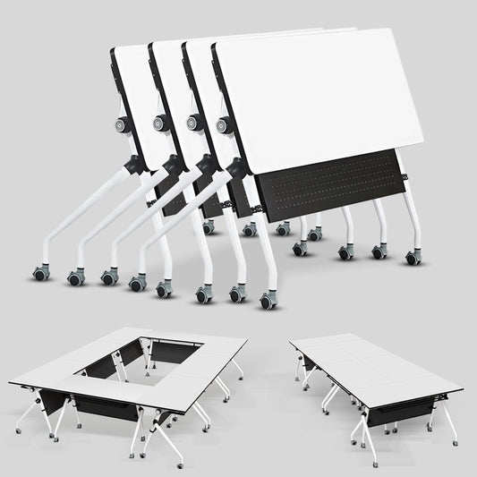 Conference Table, Folding Conference Room Tables, Mobile Training Tables with Silent Wheels, Large Rectangular Modular Seminar Table Office Computer Desks for Classroom White (4Pack L47.2in)