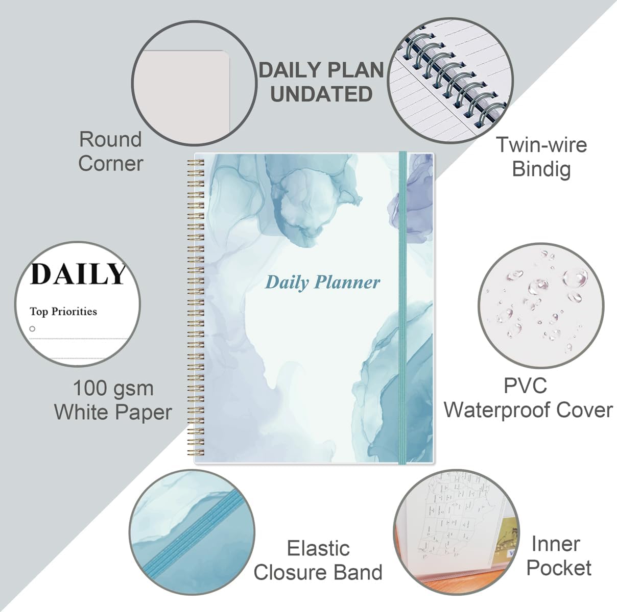 Daily Planner Undated - 8.5" x 11" To Do List Notebook Hourly Schedules, 150 Sheets/300 Pages Spiral Appointment Planner for Women and Men ,PVC Hardcover, Inner Pocket, Elastic Closure, Blue