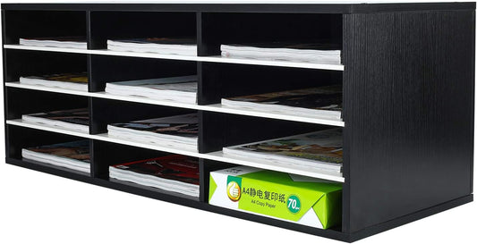 PAG Mail Sorter, Wood Countertop Literature Organizer, Student Mailbox for Classroom, Desktop Bill Paper Organizer for Office Home School, 12 Compartments, Black & White