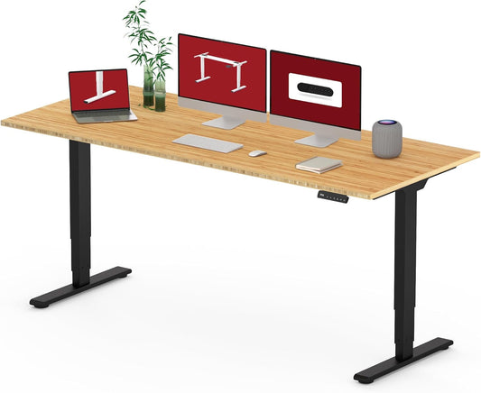 Standing Desk with Dual Motor, 3-Stage Lifting Column, Handset with 3 Preset and Sit-Stand Reminder - 78 inch Whole Piece Real Bamboo Desk/Black Frame, Height Adjustable Desk for Home and Office