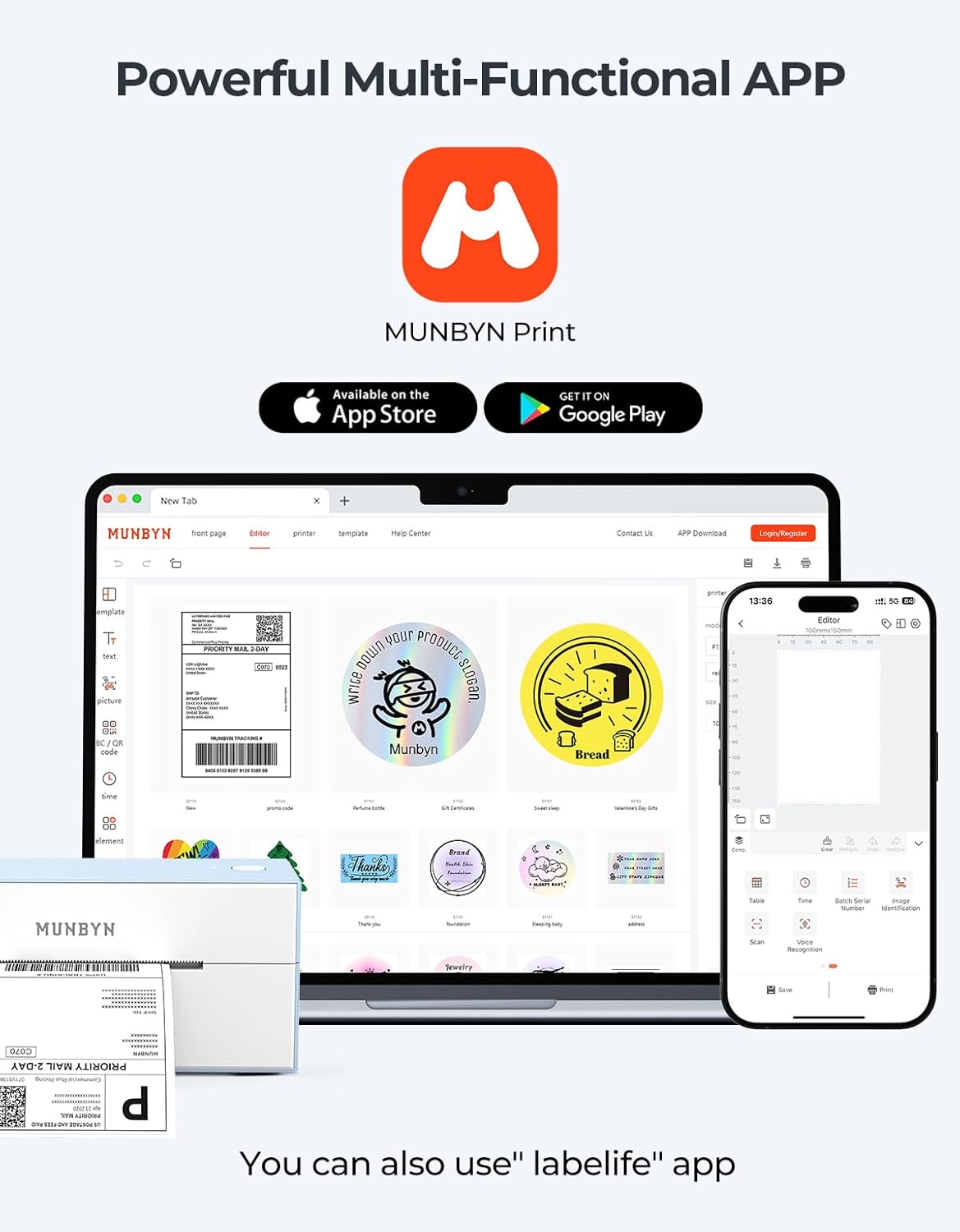 MUNBYN Bluetooth Thermal Label Printer, 4x6 Shipping Label Printer for Shipping Packages, Compatible with iOS, Android, PC, Mac, Chrome OS, Etsy, Ebay, Shopify, Amazon, USPS and More