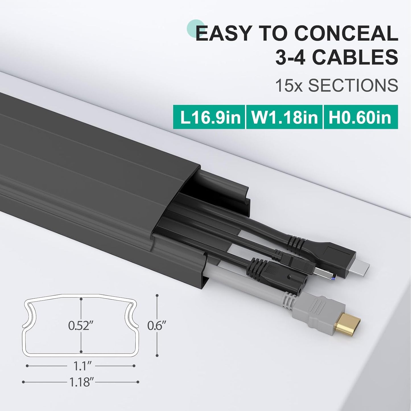 Delamu Wire Covers for Cords on Wall, 254in Black Cord Hider, Large Cable Hider Cord Covers for 3-4 Wires on Wall, Wire Hider Cable Cover Raceway, Black Tv Cable Management, 15x L16.9 W1.18 H0.6in