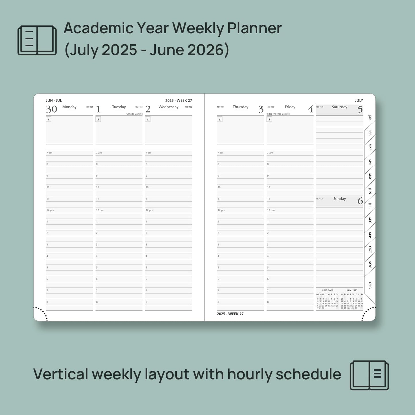 POPRUN Planner 2025-2026, (Medium 6.5'' x 8.5'' Hard Cover) Academic Calendar (July 25-June 26) Daily Weekly and Monthly Appointment Book with Hourly Time Slots, Monthly Tabs, 100 GSM - Midnight Green
