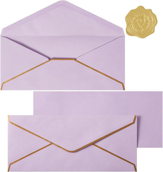 30 Pack Thick #10 Business Envelopes with Gold Border, 4 1/8 x 9 1/2 Thick Paper Standard Envelopes with Stickers for Office, Checks, Letter Mailing, Invoices (Light Purple)