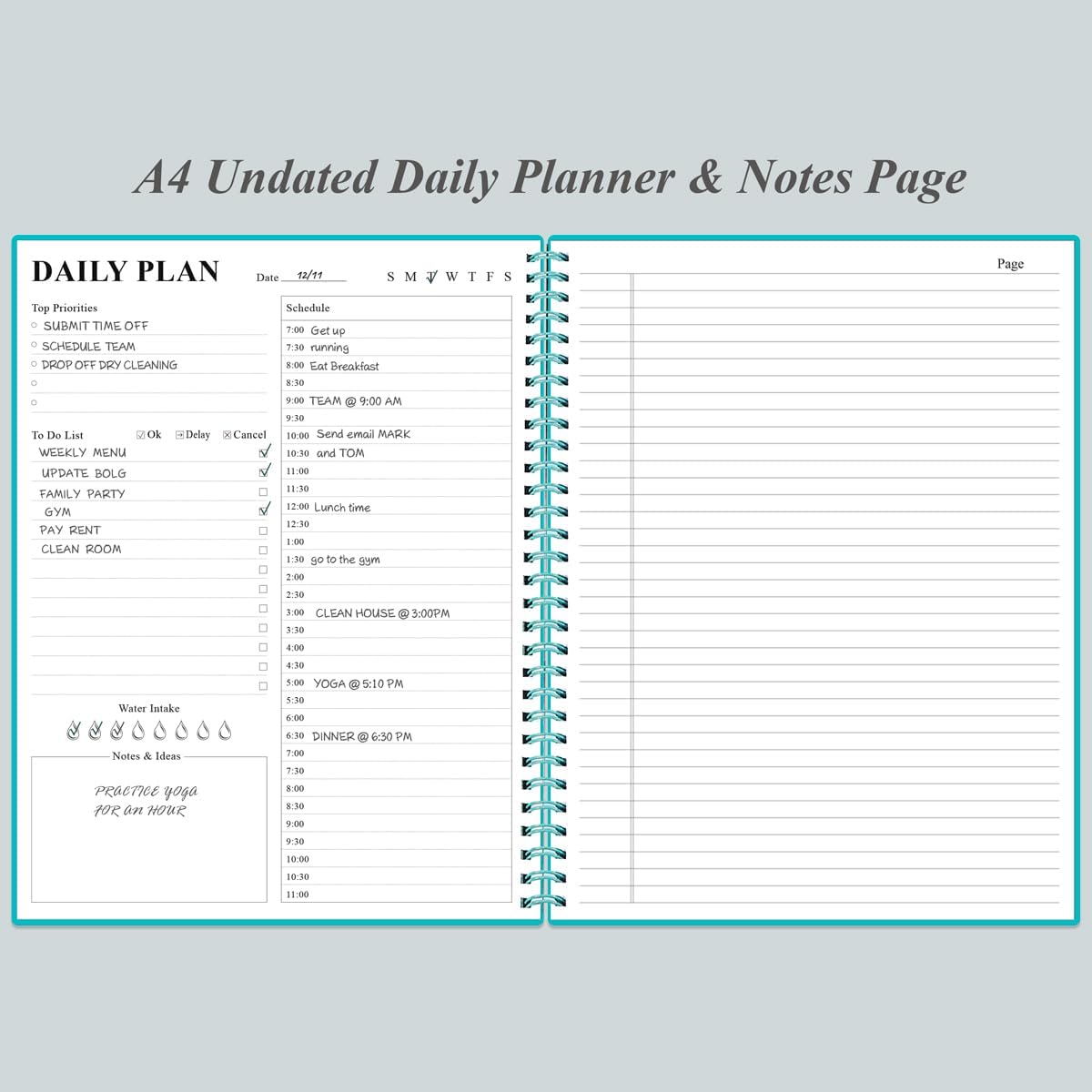 Daily Planner Undated - A4 To Do List Notebook Hourly Schedules, Spiral Appointment Planner for Women and Men,PVC Hardcover, Inner Pocket, Elastic Closure, 8.5" x 11", Teal