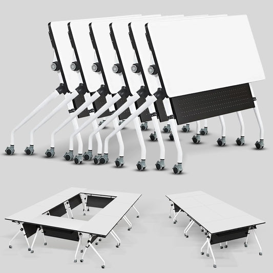 Conference Table, Folding Conference Room Tables, Mobile Training Tables with Silent Wheels, Large Rectangular Modular Seminar Table Office Computer Desks for Classroom White (6Pack L55.1in)